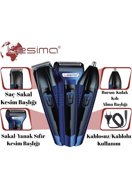Mavi Işlevli 3 Başlıklı Tıraş ve Bakım Seti