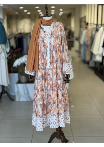 Çiçek Desenli Oranj Elbise 32363