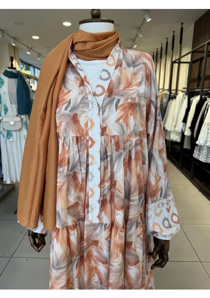 Çiçek Desenli Oranj Elbise 32363 modelleri