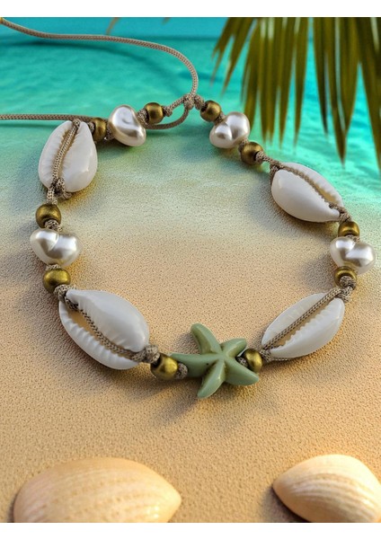 Yeşil Deniz Yıldızı, Midye Kabuğu ve Inci Detaylı Yaz Rüyası Kadın Ipli Bileklik