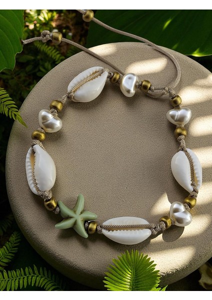 Yeşil Deniz Yıldızı, Midye Kabuğu ve Inci Detaylı Yaz Rüyası Kadın Ipli Bileklik modelleri