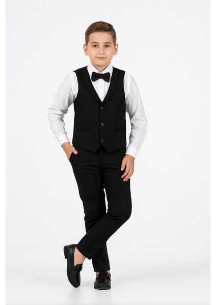 Erkek Çocuk Yelekli+Beyaz Gömlek+Pantolon+Papyon Kumaş Takım Elbise