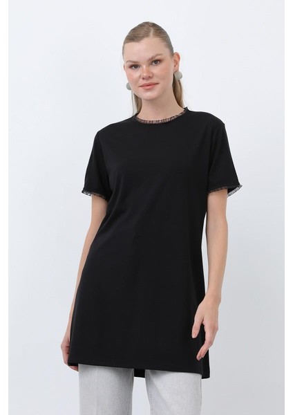 Minimalist Ribana Detaylı Siyah Basic T-Shirt 40013 fiyatları