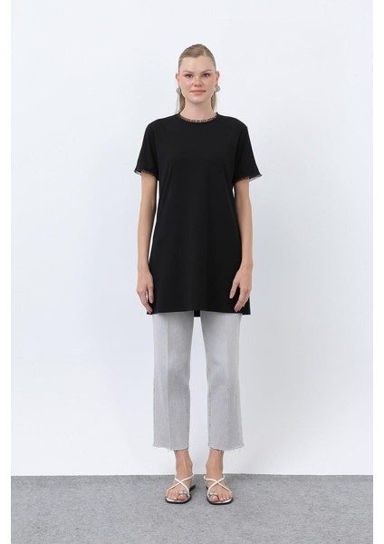 Minimalist Ribana Detaylı Siyah Basic T-Shirt 40013 modelleri