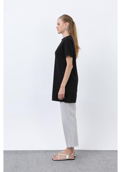 Minimalist Ribana Detaylı Siyah Basic T-Shirt 40013 fırsatları