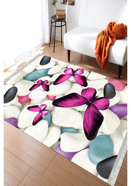 Kelebek Desenli Halı Yıkanabilir Kilim Kaymaz Tabanlı Yolluk Dot Tabanlı Halı 2050A