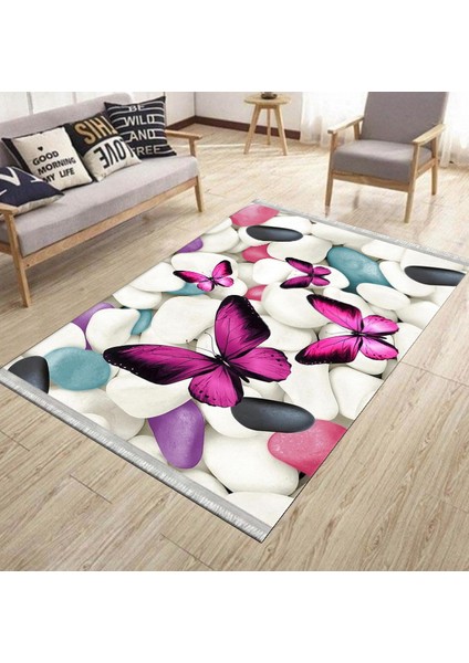 Kelebek Desenli Halı Yıkanabilir Kilim Kaymaz Tabanlı Yolluk Dot Tabanlı Halı 2050A