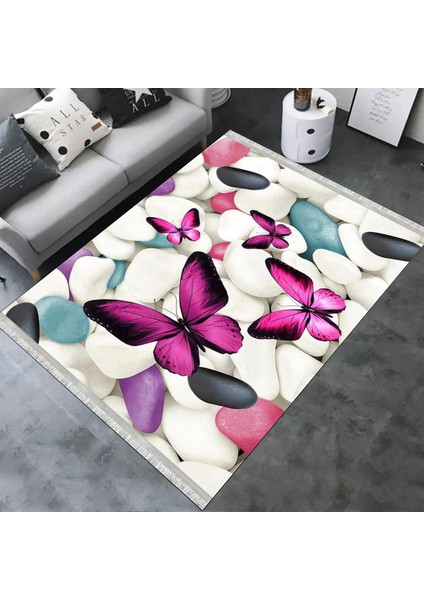 Kelebek Desenli Halı Yıkanabilir Kilim Kaymaz Tabanlı Yolluk Dot Tabanlı Halı 2050A