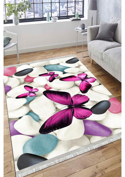 Kelebek Desenli Halı Yıkanabilir Kilim Kaymaz Tabanlı Yolluk Dot Tabanlı Halı 2050A