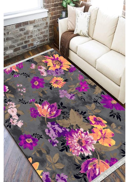 Kaymaz Tabanlı Halı Çiçek Desenli Yıkanabilir Halı Kilim Yolluk Dot Tabanlı Halı 2199B