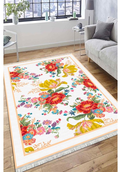 Çiçekli Klasik Desen Kaymaz Tabanlı Halı Makinede Yıkanabilir Kilim Dot Tabanlı Halı 2018C