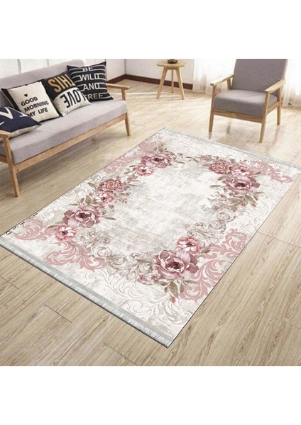 Yıkanabilir Çiçek Desenli Halı Kilim Kaymaz Tabanlı Yolluk Dot Tabanlı Halı 2153B
