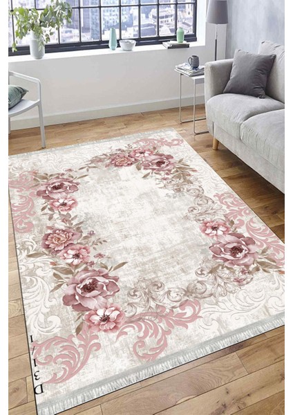 Yıkanabilir Çiçek Desenli Halı Kilim Kaymaz Tabanlı Yolluk Dot Tabanlı Halı 2153B