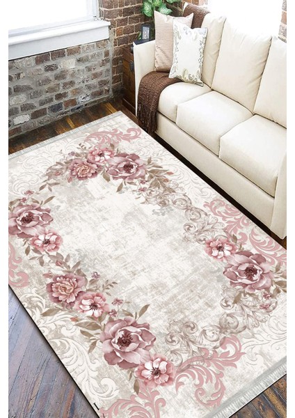 Yıkanabilir Çiçek Desenli Halı Kilim Kaymaz Tabanlı Yolluk Dot Tabanlı Halı 2153B