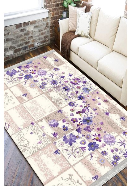 Kelebek Desenli Çiçekli Halı Yıkanabilir Kilim Kaymaz Tabanlı Yolluk Dot Tabanlı Halı 2110A