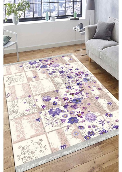 Kelebek Desenli Çiçekli Halı Yıkanabilir Kilim Kaymaz Tabanlı Yolluk Dot Tabanlı Halı 2110A