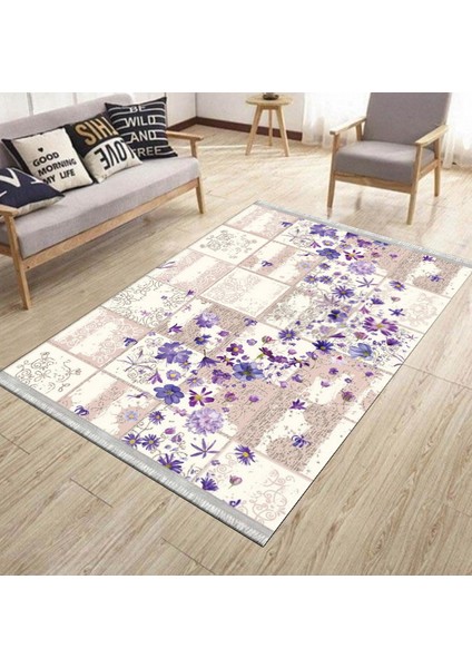 Kelebek Desenli Çiçekli Halı Yıkanabilir Kilim Kaymaz Tabanlı Yolluk Dot Tabanlı Halı 2110A