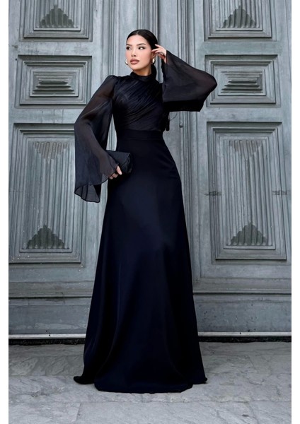 Göğüs Büzgü Detaylı Arkadan Bağlamalı Abiye Elbise 2287-SIYAH