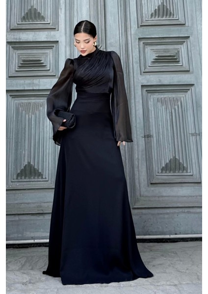 Göğüs Büzgü Detaylı Arkadan Bağlamalı Abiye Elbise 2287-SIYAH indirimleri