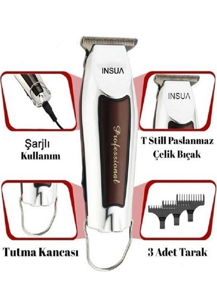 Şarjlı Fonksiyonlu T-Bıçak Traş Makinesi, Metalik Tasarım, Hızlı ve Pratik Kullanım