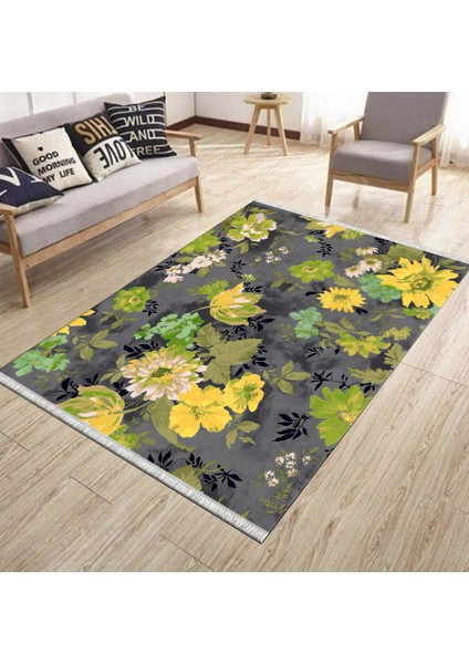 Kaymaz Tabanlı Halı Çiçek Desenli Yıkanabilir Halı Kilim Yolluk Dot Tabanlı Halı 2199C