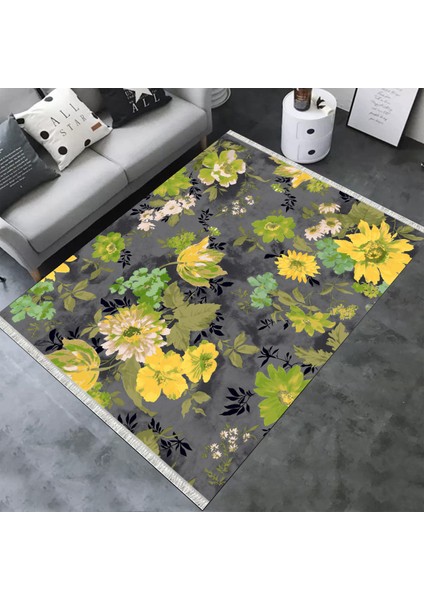Kaymaz Tabanlı Halı Çiçek Desenli Yıkanabilir Halı Kilim Yolluk Dot Tabanlı Halı 2199C