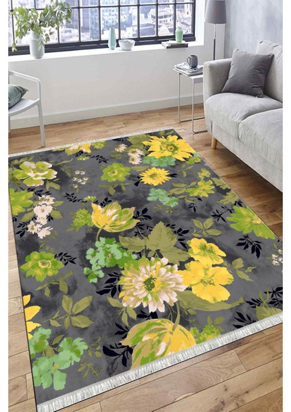 Kaymaz Tabanlı Halı Çiçek Desenli Yıkanabilir Halı Kilim Yolluk Dot Tabanlı Halı 2199C