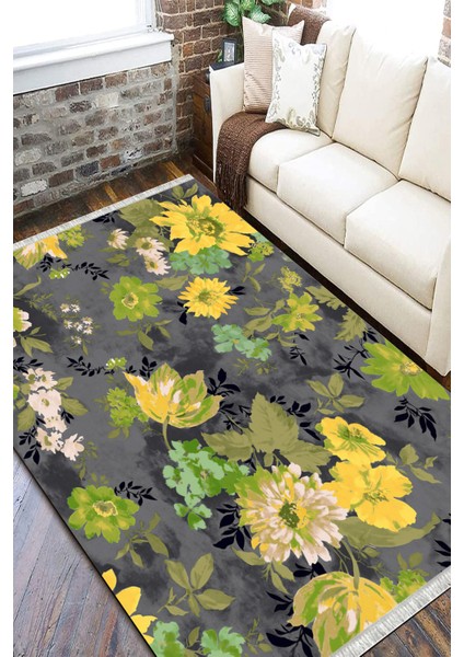 Kaymaz Tabanlı Halı Çiçek Desenli Yıkanabilir Halı Kilim Yolluk Dot Tabanlı Halı 2199C