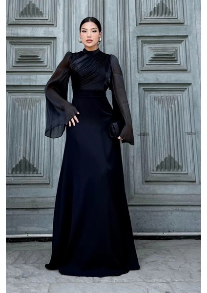 Göğüs Büzgü Detaylı Arkadan Bağlamalı Abiye Elbise 2287-SIYAH fiyatları