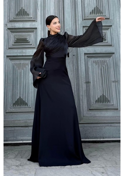 Göğüs Büzgü Detaylı Arkadan Bağlamalı Abiye Elbise 2287-SIYAH modelleri