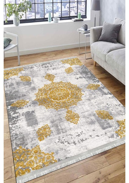 Gold Motifli Makinede Yıkanabilir Kilim Kaymaz Dot Tabanlı Oturma Odası Halısı 3045A