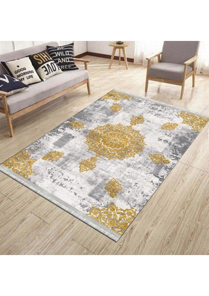 Gold Motifli Makinede Yıkanabilir Kilim Kaymaz Dot Tabanlı Oturma Odası Halısı 3045A