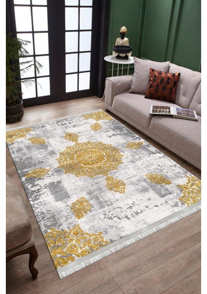 Gold Motifli Makinede Yıkanabilir Kilim Kaymaz Dot Tabanlı Oturma Odası Halısı 3045A
