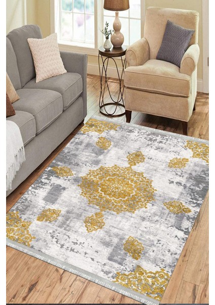 Gold Motifli Makinede Yıkanabilir Kilim Kaymaz Dot Tabanlı Oturma Odası Halısı 3045A