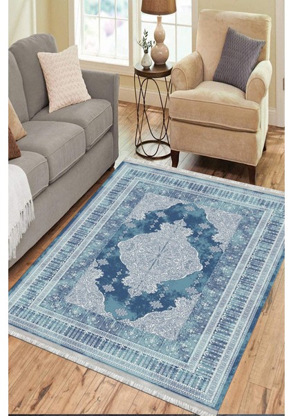 Mavi Kaymaz Tabanlı Halı Makinede Yıkanabilir Kilim Dot Tabanlı Salon Halısı 3001C