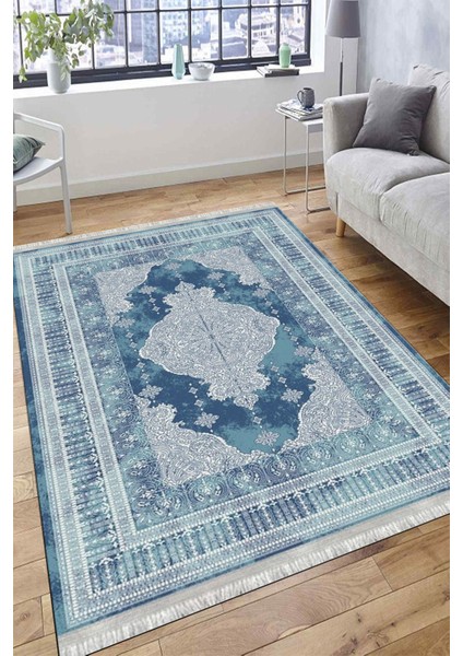 Mavi Kaymaz Tabanlı Halı Makinede Yıkanabilir Kilim Dot Tabanlı Salon Halısı 3001C fırsatları