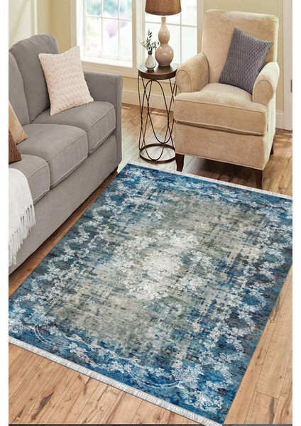 Turkuaz Kaymaz Tabanlı Halı Makinede Yıkanabilir Kilim Dot Tabanlı Salon Halısı 3010E