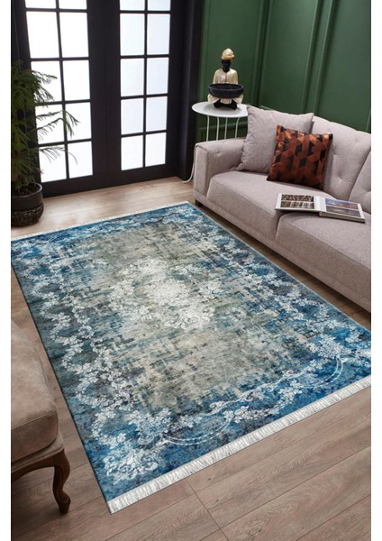 Turkuaz Kaymaz Tabanlı Halı Makinede Yıkanabilir Kilim Dot Tabanlı Salon Halısı 3010E