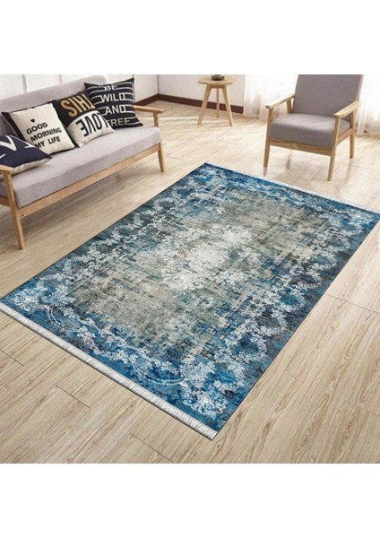 Turkuaz Kaymaz Tabanlı Halı Makinede Yıkanabilir Kilim Dot Tabanlı Salon Halısı 3010E