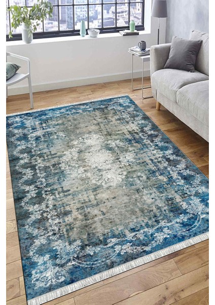 Turkuaz Kaymaz Tabanlı Halı Makinede Yıkanabilir Kilim Dot Tabanlı Salon Halısı 3010E