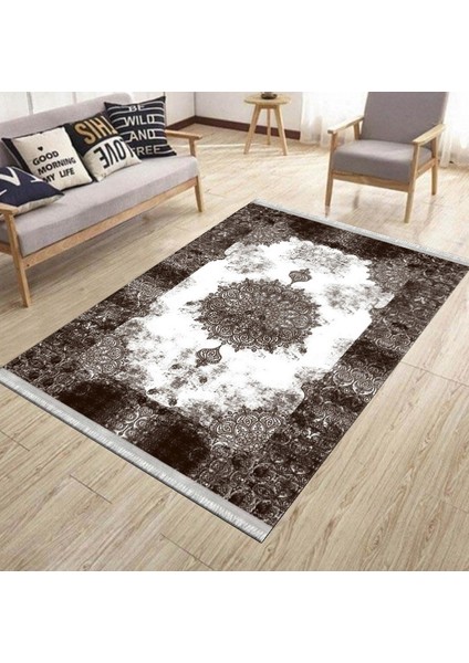 Klasik Desenli Kahverengi Makinede Yıkanabilir Kilim Kaymaz Dot Tabanlı Oturma Odası Halısı 3029B