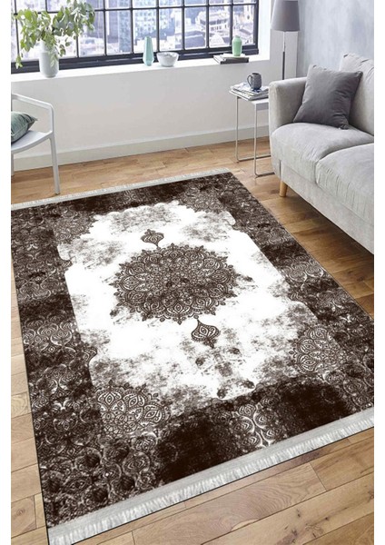 Klasik Desenli Kahverengi Makinede Yıkanabilir Kilim Kaymaz Dot Tabanlı Oturma Odası Halısı 3029B