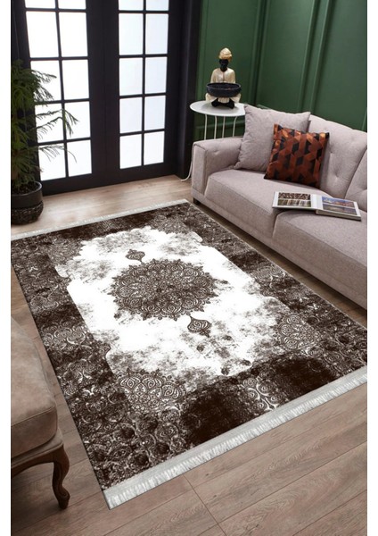 Klasik Desenli Kahverengi Makinede Yıkanabilir Kilim Kaymaz Dot Tabanlı Oturma Odası Halısı 3029B