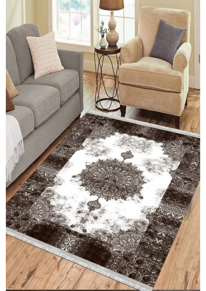 Klasik Desenli Kahverengi Makinede Yıkanabilir Kilim Kaymaz Dot Tabanlı Oturma Odası Halısı 3029B