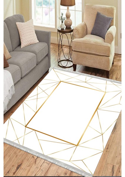 Gold Çizgili Geometrik Halı Kaymaz Taban Makinede Yıkanabilir Dot Tabanlı Salon Halısı 0032B