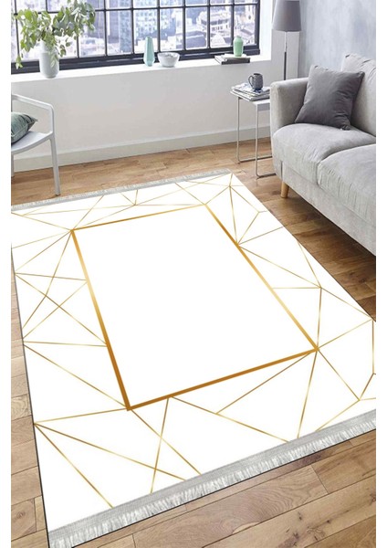 Gold Çizgili Geometrik Halı Kaymaz Taban Makinede Yıkanabilir Dot Tabanlı Salon Halısı 0032B fırsatları