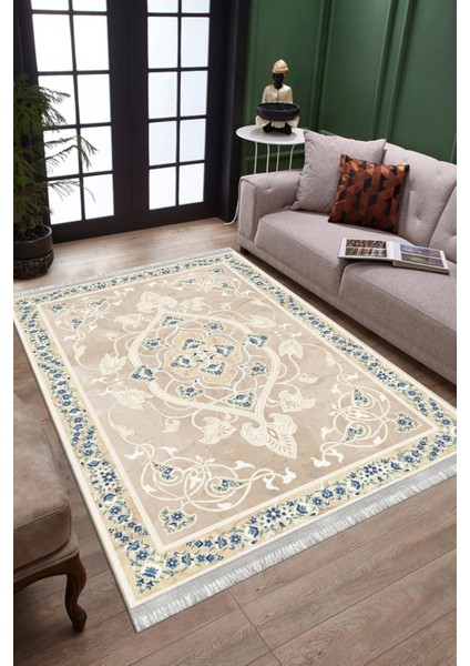 Etnik Desenli Kaymaz Taban Halı Makinede Yıkanabilir Kilim Dot Tabanlı Salon Halısı 3011A