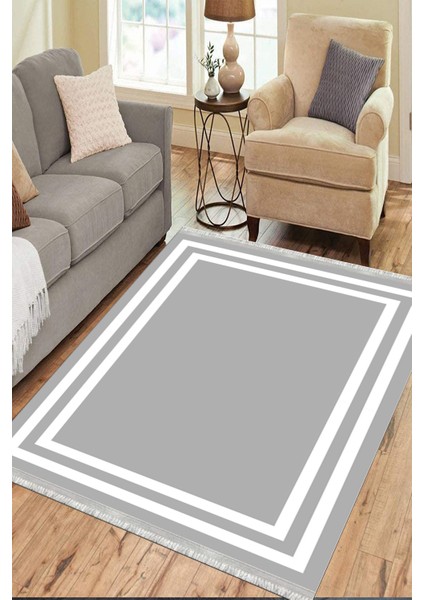 Düz Çizgili Gri Modern Makinede Yıkanabilir Kaymaz Taban Kilim Dot Tabanlı Salon Halısı 0065E