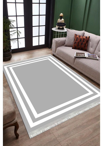 Düz Çizgili Gri Modern Makinede Yıkanabilir Kaymaz Taban Kilim Dot Tabanlı Salon Halısı 0065E