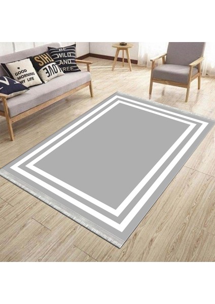 Düz Çizgili Gri Modern Makinede Yıkanabilir Kaymaz Taban Kilim Dot Tabanlı Salon Halısı 0065E
